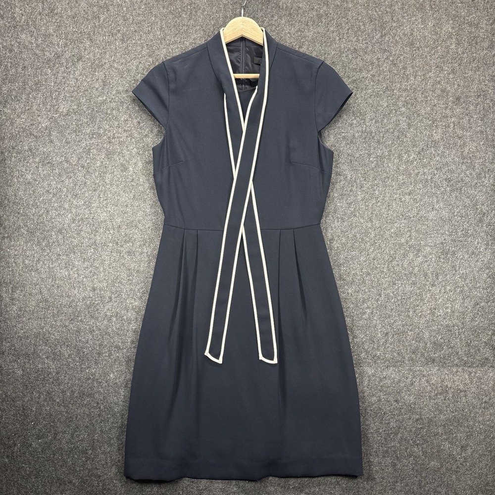 J Crew Tie Neck Dress Crepe Women's 4 Navy Blue Preppy Sheath White Piping J2557